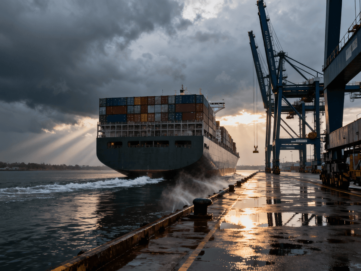 Container vessel arriving at port — Indian Ocean corridor